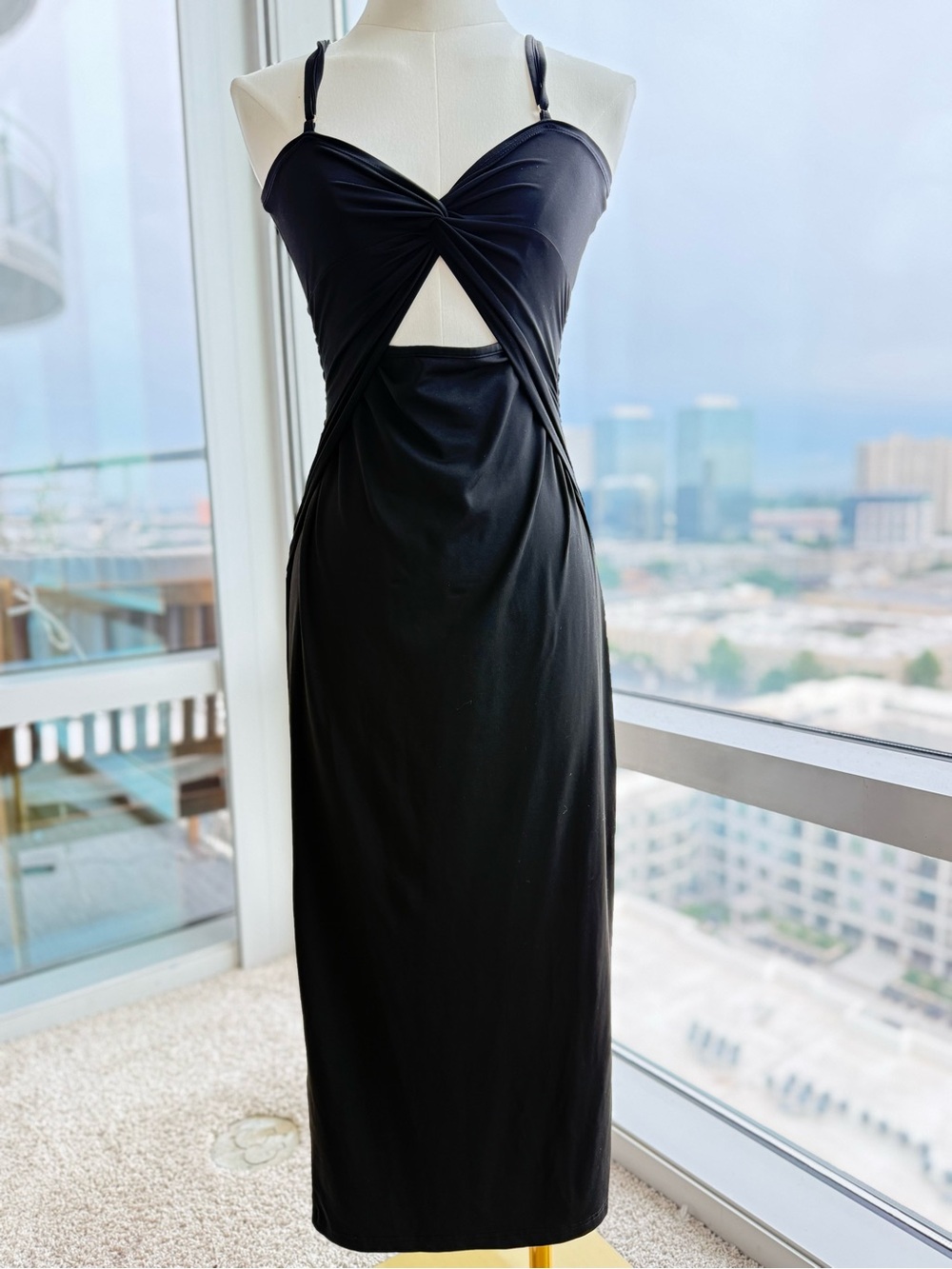 Black Twist Knot Cut-Out Spaghetti Strap Midi Dress